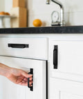 12 Pack Black Barn Door Handle Cabinet Pulls Aluminum Alloy 5.8 Inch Long With Screws for Kitchen Cabinets shown installed