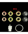 Built Tough And Dead Reliable 14mm Screw Kit For E Bike Hub Motor showing assorted nuts, washers, and plastic covers for axle upgrades.