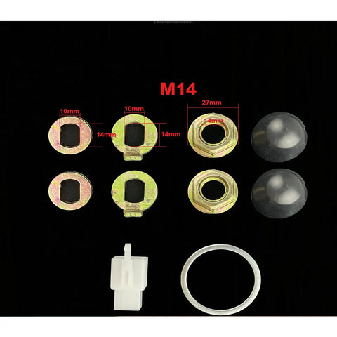 Built Tough And Dead Reliable 14mm Screw Kit For E Bike Hub Motor showing assorted nuts, washers, and plastic covers for axle upgrades.
