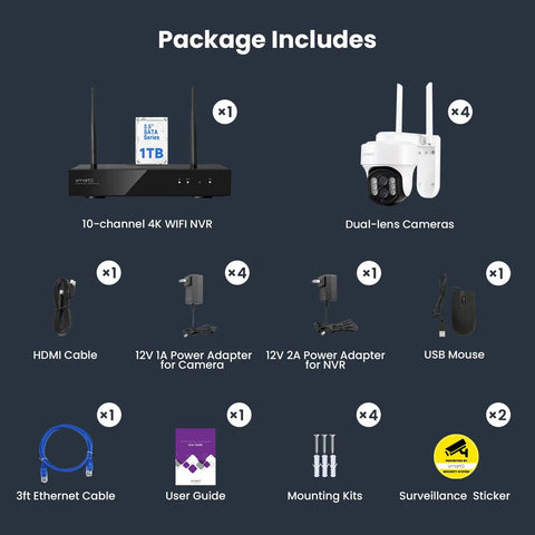 Package contents of 10X Zoom Mesh WiFi 6 PTZ AI Tracking Security Camera System With 4 Cameras 2K Dual Lens Kit and 4K NVR
