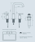 Diagram of Brushed Gold Bathroom Sink Faucet, 8 Inch Widespread, 3 Hole, Two Handles, 360 Degree Swivel Spout, Pop Up Drain And Hoses Included