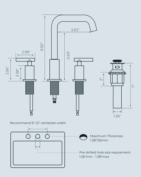 Technical drawing of Brushed Nickel 8 Inch Widespread Bathroom Faucet With Two Handles 360 Degree Swivel Pop Up Drain And Hoses For 3 Hole Vanity Restroom RV Lavatory Easy Install showing dimensions and installation details.