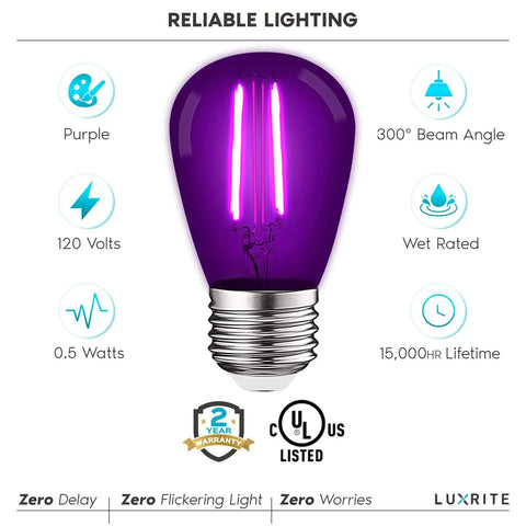 Purple S14 Edison LED Light Bulbs 0.5W For Indoor Outdoor String Lights Colorful UL Listed E26 Base Replacement Bulbs For Parties Holidays And Decor Dope Vibe with 120 volts and 300° beam angle.