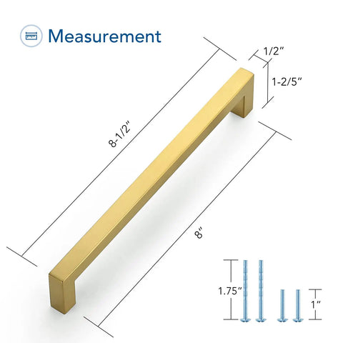 Gold Brushed Brass Cabinet Pulls 8 Inch Center With 20 Pack Kitchen Cabinet Handles half inch wide, includes screws and dimensions.