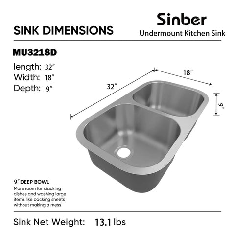Undermount Double Bowl Kitchen Sink 32 By 18 By 9 Inches, 18 Gauge 304 Stainless Steel, Satin Finish, Quiet Operation With Noise Reduction Pads