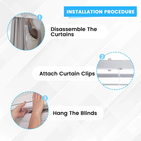 Installation procedure for Built Like A Tank 24 Pack Window Blinds Valance Clips Replacement For Curtains, showing steps of assembly.