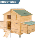 Mobile Wooden Chicken Coop On Wheels For Four To Six Chickens size dimensions with nesting box, mesh, doors, and wheels visible.