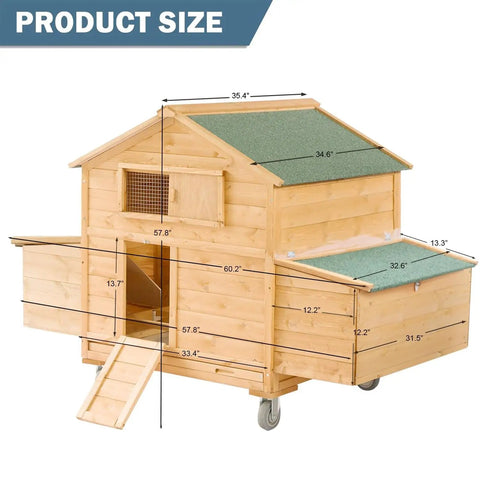 Mobile Wooden Chicken Coop On Wheels For Four To Six Chickens size dimensions with nesting box, mesh, doors, and wheels visible.