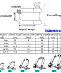 D Shackle size chart displaying dimensions and specifications for Straight Up Built Tough 304 Stainless Steel D Shape Screw Pin Shackle 3 8 Inch