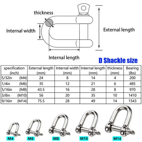 D Shackle size chart displaying dimensions and specifications for Straight Up Built Tough 304 Stainless Steel D Shape Screw Pin Shackle 3 8 Inch
