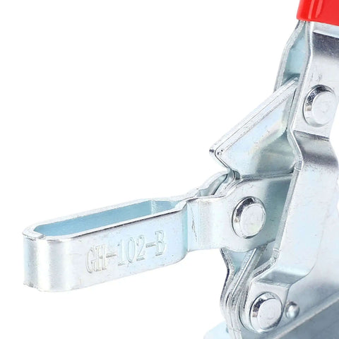 Close-up of heavy duty welding toggle clamp with 100kg holding force for horizontal fixture and elbow setup, metal detail view