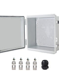 Badass IP67 Waterproof Electrical Junction Box With Secure Hinged Lid And Heavy Duty Stainless Steel Wall Brackets For Rugged Outdoor Panels 8X8X5 Inches, open view showcasing interior and mounting hardware.