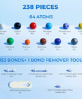 238 Piece Molecular Model Kit For Organic And Inorganic Chemistry Hands On Realistic Atom Bond Building Set Ideal Gift For Students And Teachers Includes Remover Tool 84 Atoms And 153 Bonds, showing various atom and bond pieces laid out with labels.