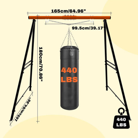 A-Frame Swing Stand For Hammock Chair, Heavy Duty Steel Frame Supports Up To 440 Lbs shown with dimensions and punching bag