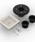 6 Inch Square Shower Floor Drain Kit In Brushed Nickel Finish with removable grid cover, hardware, and PVC components displayed.