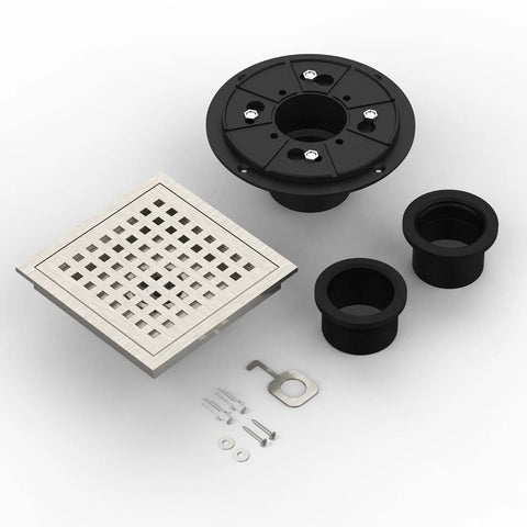 6 Inch Square Shower Floor Drain Kit In Brushed Nickel Finish with removable grid cover, hardware, and PVC components displayed.
