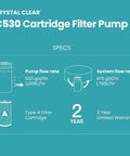 Powerful Cartridge Filter Pump for Above Ground Pools: Delivers 530 GPH Flow Rate with Built-in Auto Timer specifications