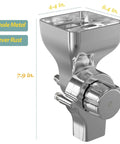 Side view of metal grain mill attachment for KitchenAid stand mixer; all-metal construction, 12-level grind