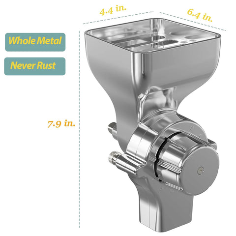 Side view of metal grain mill attachment for KitchenAid stand mixer; all-metal construction, 12-level grind