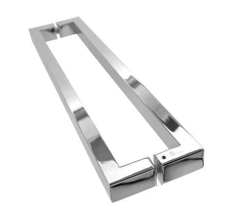 Heavy Duty Commercial Grade 1200mm 48 Inch Stainless Steel 304 Push Pull Door Handle With 1.2mm Thick Wall Square Rectangle Design Mirror Polished Chrome Finish Standoffs And Hex Set Screws For Built To Last Rock Solid Door Hardware, angled view