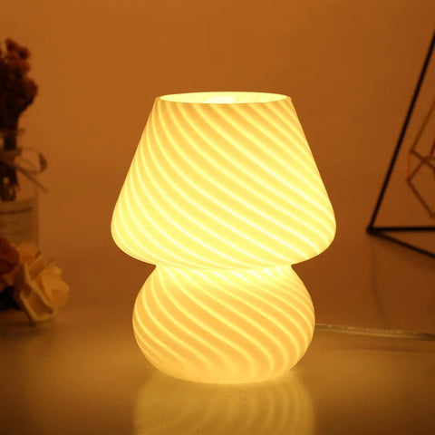 Mushroom Glass Table Lamp With White Stripe, Vintage Murano Inspired Night Light on table, ambient warm white LED glow, modern decor