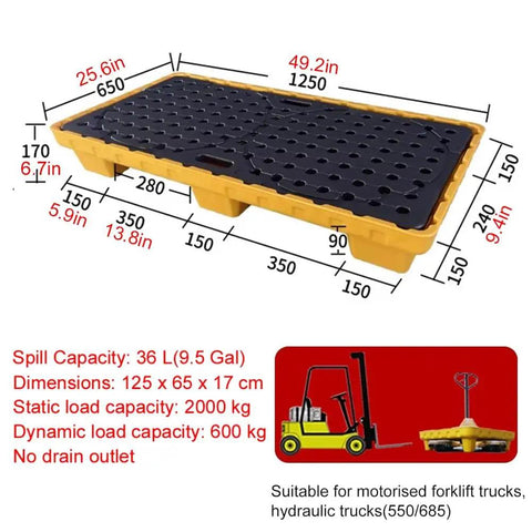 Detachable Oil Spill Containment Pallet For Two Drums Low Profile Stackable Grating Tray Heavy Duty Polyethylene Spill Platform For Garage And Factory Use Yellow, dimensions 125x65x17 cm