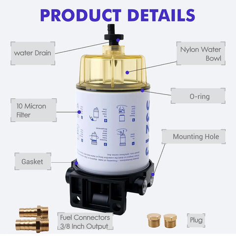 Marine Fuel Water Separator Kit For Outboard Motors Fits Yamaha And Mercury Marine With Brass Fittings Three Eighth Inch Barb To One Quarter Inch NPT Replaces B32013 35-60494-1 18-7932-1 18-17928 35-809097