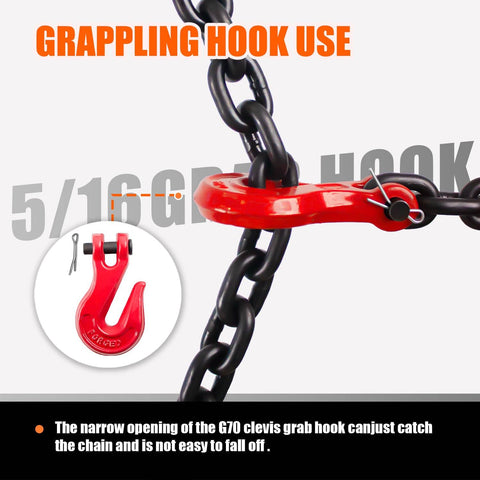 Transport Binder Chain Five Sixteenth Inch By Ten Foot Grade 80 Alloy With Clevis Grab Hooks for grappling hook use