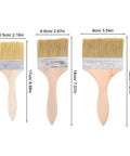 Three Piece Thickened Wood Handle Paint Brush Set With Ergonomic Grip For Decks, Furniture, Trim, Edges And Walls Heavy Duty DIY Home Improvement Painting Projects in varying sizes and detailed measurements