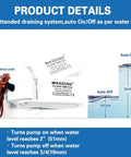 Automatic Submersible Bilge Water Pump For Boats 12V 1100GPH With Float Switch detail and diagram showing operation and dimensions.