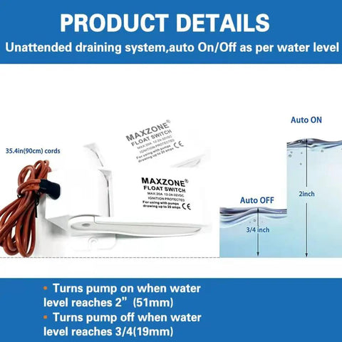 Automatic Submersible Bilge Water Pump For Boats 12V 1100GPH With Float Switch detail and diagram showing operation and dimensions.