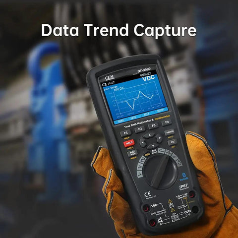 Handheld Digital Oscilloscope Multimeter 3 In 1 With Bluetooth Interface displayed in hand with blue waveform on screen.