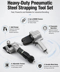Top-Tier Pneumatic Steel Strapping Machine Heavy Duty Split Tensioner With Cutter And Sealer, industrial tool set with adjustable tension feature.