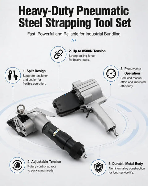 Top-Tier Pneumatic Steel Strapping Machine Heavy Duty Split Tensioner With Cutter And Sealer, industrial tool set with adjustable tension feature.