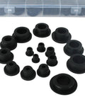 Premium T Shaped Silicone Plugs And Screw Caps For Furniture Cabinets And Garage Gear With Seventy Piece Mix Of Sixteen Rounded Sizes, assorted black silicone caps arranged.