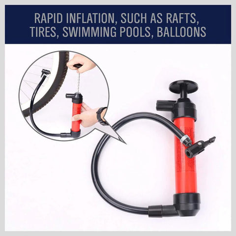 Emergency Siphon Fuel Transfer Pump Kit For Gas Oil And Liquids inflating a bicycle tire with flexible tube attachment.