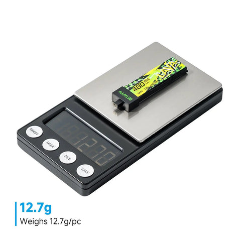 4 Pack Lava II 1S 480mAh 3.8V 95C LiHV Battery weighing 12.7g on scale