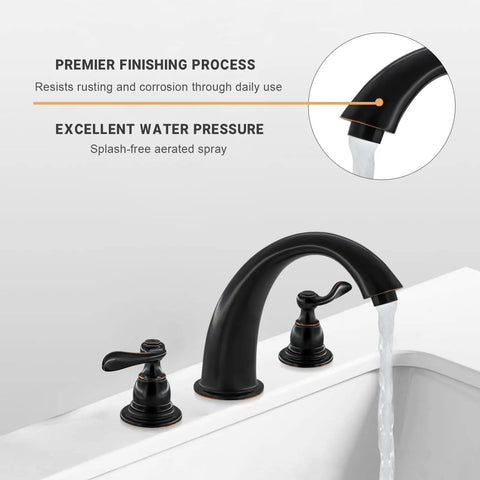 Windemere Deck Mounted Roman Tub Filler Trim Kit Oil Rubbed Bronze with Brass Construction and Zinc Handles Replacement Trim Only shown on a tub.
