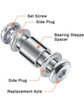 Inline Skates Axle Spacer Screws Replacement Kit with Allen Wrenches showing set screw, side plug, bearing stepped spacer, replacement axle.