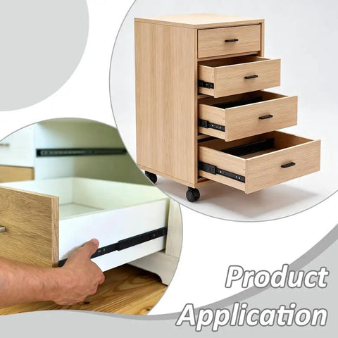 Four Piece Shop Grade Heavy Duty Steel Soft Close Drawer Slides 11 Inch Full Extension Side Mount Rails on wooden drawer unit