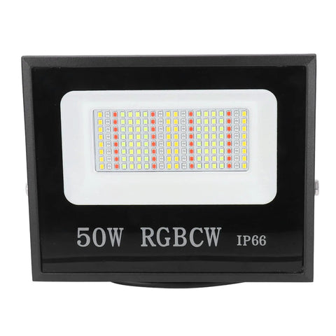 Front view of Jenivaint LED Flood Light App Controlled, 50W RGBCW, rugged design with IP66 rating for outdoor use.