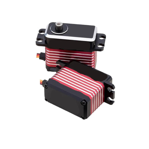 Top Shelf Badass Brushless Servo Using Eight Point Four Volts Generates Thirty Five Kilogram Centimeter Power With Heavy Duty Steel Gears And Full Waterproof Cover For Remote Control Cars Includes Arm - Two servos showing detailed design.