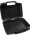 Badass Plastic Toolbox Portable Tool Case With Detachable Storage Tray And Super Grippy Handle, open and empty, showcasing black plastic interior.