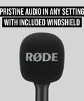 Interview GO Handheld Adaptor For Wireless ME GO And PRO Transmitters with windshield, black handle, close-up view.