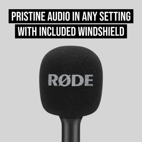 Interview GO Handheld Adaptor For Wireless ME GO And PRO Transmitters with windshield, black handle, close-up view.
