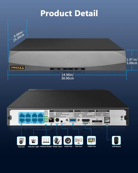4K 8CH PoE NVR With 10 Inch IPS Monitor 8 Channel Network Video Recorder ONVIF Compatible, front and rear view with ports.