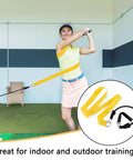 Woman using Golf Swing Twist Training Belt for Posture Correction and Warm Up Exercises in indoor setting, includes belt and strap kit.