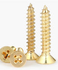 Brass Phillips Countersunk Head Self Tapping Wood Screws M5x25 5 Pack showing spiral threads and countersunk heads