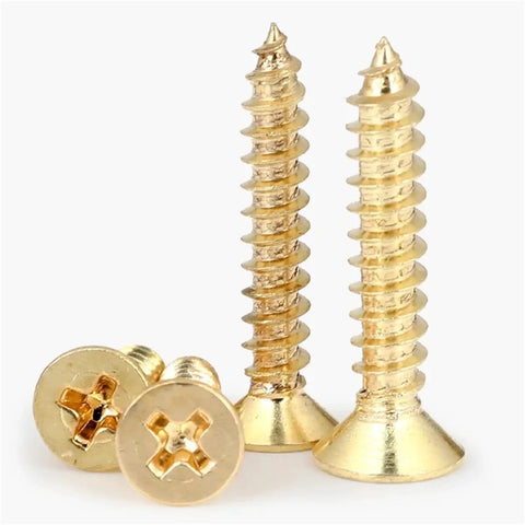 Brass Phillips Countersunk Head Self Tapping Wood Screws M5x25 5 Pack showing spiral threads and countersunk heads