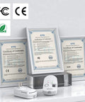 Multi Gas Leak Detector Plug In For Home Kitchen And RV No Fuss Combustible And Explosive Gas Alarm Detecting Propane Methane LPG LNG And Natural Gas With AC Power And Quick Alerts next to certification documents, showcasing product safety and compliance.